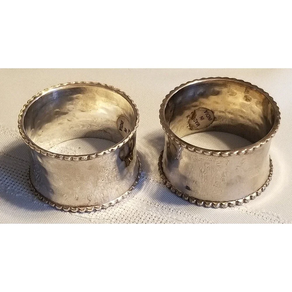 Silver‑Plated Beaded Napkin Rings Pair – Vintage India Tableware